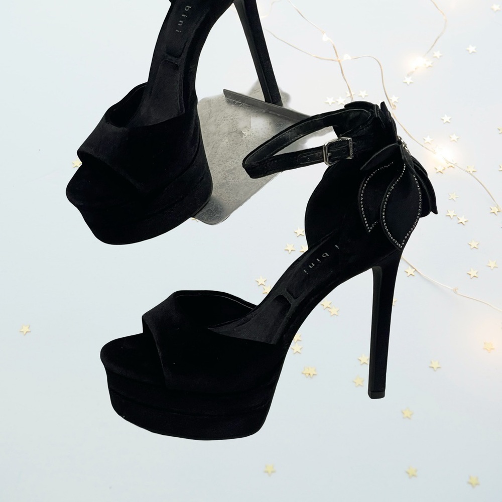 Gianni Bini Black Suede Platform Stiletto Heels with Ankle Bow 7.5